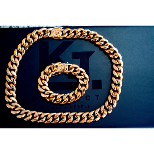 KJ District Rose Gold Cuban Link Chain & Bracelet Set – Handcrafted